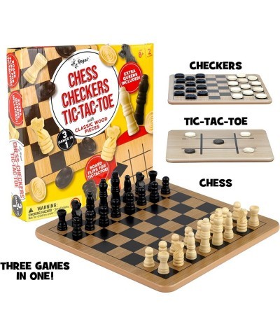 Reversible Wooden Board for Chess Checkers & Tic-Tac-Toe - 24 Interlocking Wooden Checkers and 32 Standard Chess Pieces - for...