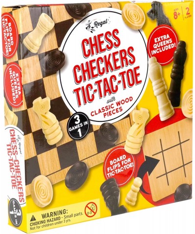 Reversible Wooden Board for Chess Checkers & Tic-Tac-Toe - 24 Interlocking Wooden Checkers and 32 Standard Chess Pieces - for...