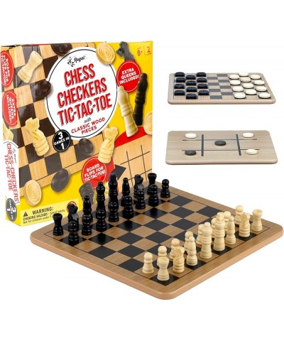 Reversible Wooden Board for Chess Checkers & Tic-Tac-Toe - 24 Interlocking Wooden Checkers and 32 Standard Chess Pieces - for...