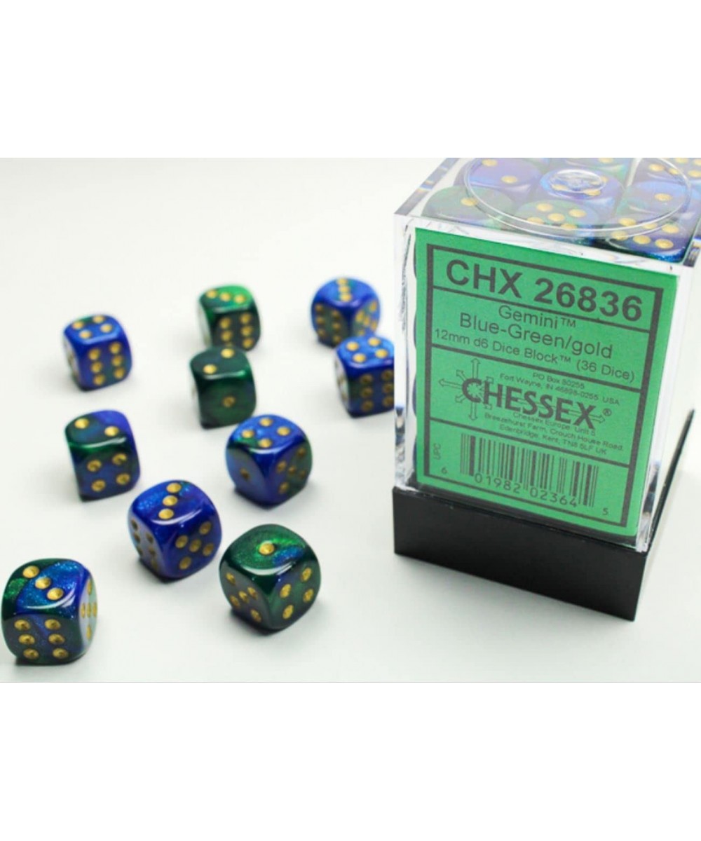 Dice d6 Sets: Gemini Blue & Green with Gold - 12mm Six Sided Die (36) Block of Dice $24.04 Game Accessories