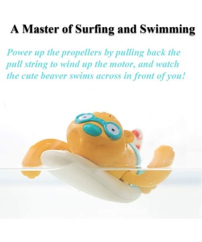 Pull String Baby Bath Toy Pull & Go Beaver Cute Surfing Beaver Swimming Beaver Windup Clockwork Bathtub Toy for Toddlers (Bei...