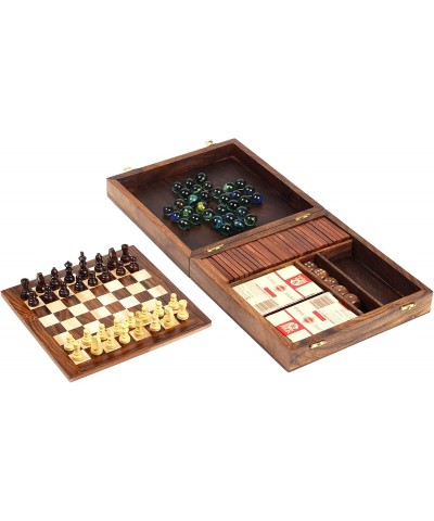 5-in-1 Wooden Magnetic Chess Board | Wooden Solitaire & Playing Card Holder and Wooden Dominoes with 5 Dice Board Game Combo ...