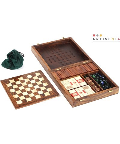 5-in-1 Wooden Magnetic Chess Board | Wooden Solitaire & Playing Card Holder and Wooden Dominoes with 5 Dice Board Game Combo ...