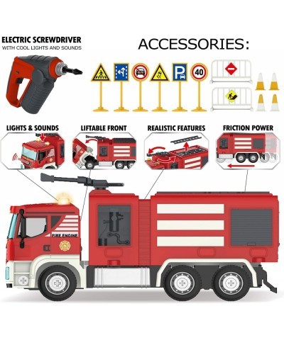 Take Apart Toy Fire Truck Playset - 106 Pcs DIY Fire Engine STEM Building Toys with Drill Push & Go Friction Power Lights & S...