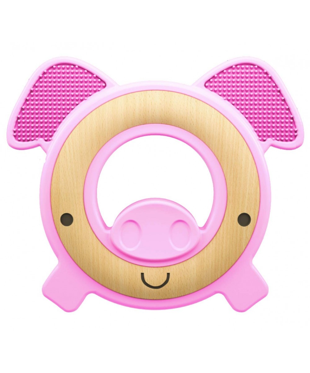 Natural Wood & Silicone Teether: Pig 3M+ Pink (80803) $17.58 Baby Teether Toys