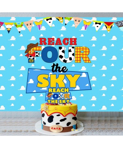 Reach Four The Sky Backdrop Toy Inspired Story 4th Birthday Party Backdrop Banner for Boys Girls 4th Cartoon Story Birthday D...