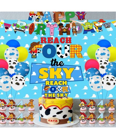 Reach Four The Sky Backdrop Toy Inspired Story 4th Birthday Party Backdrop Banner for Boys Girls 4th Cartoon Story Birthday D...