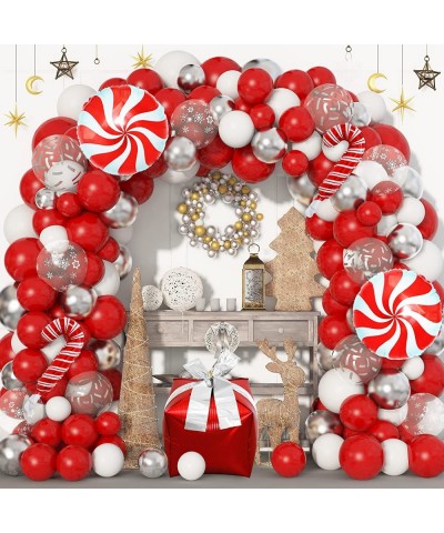 134Pcs Christmas Balloons Garland Arch Kit Red White Silver Snow Confetti Balloons Candy Cane Gift Box Mylar Balloon for Frie...