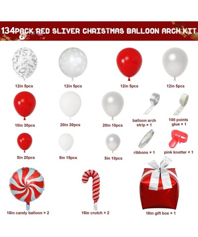 134Pcs Christmas Balloons Garland Arch Kit Red White Silver Snow Confetti Balloons Candy Cane Gift Box Mylar Balloon for Frie...