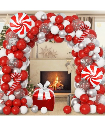 134Pcs Christmas Balloons Garland Arch Kit Red White Silver Snow Confetti Balloons Candy Cane Gift Box Mylar Balloon for Frie...