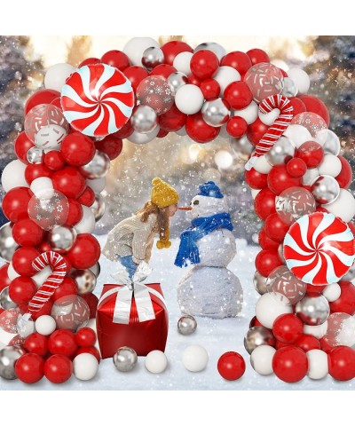 134Pcs Christmas Balloons Garland Arch Kit Red White Silver Snow Confetti Balloons Candy Cane Gift Box Mylar Balloon for Frie...