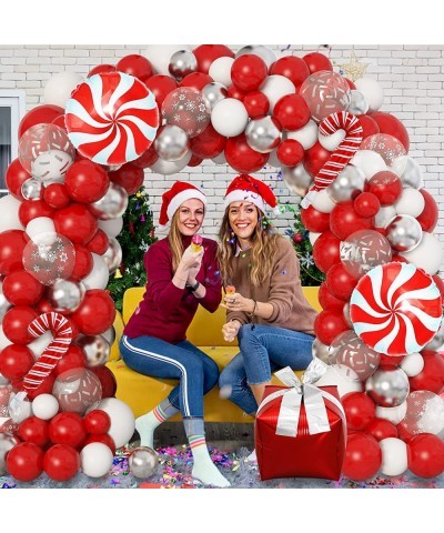 134Pcs Christmas Balloons Garland Arch Kit Red White Silver Snow Confetti Balloons Candy Cane Gift Box Mylar Balloon for Frie...