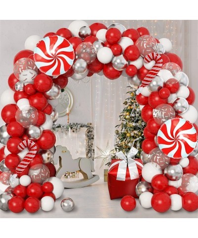 134Pcs Christmas Balloons Garland Arch Kit Red White Silver Snow Confetti Balloons Candy Cane Gift Box Mylar Balloon for Frie...