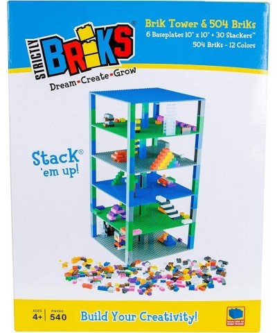 Brik Tower with 500 Classic Bricks in 12 Colors - 6 10x10 inch Baseplates in Blue Gray and Green - 100% Compatible with All M...