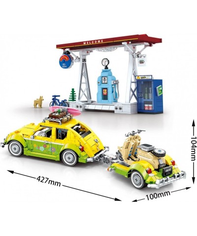 Camper Van Building Kit with Trailer and City Gas Station Pull-Back Camper Van Model Set Building Blocks Toy for 6+ Boys Girl...