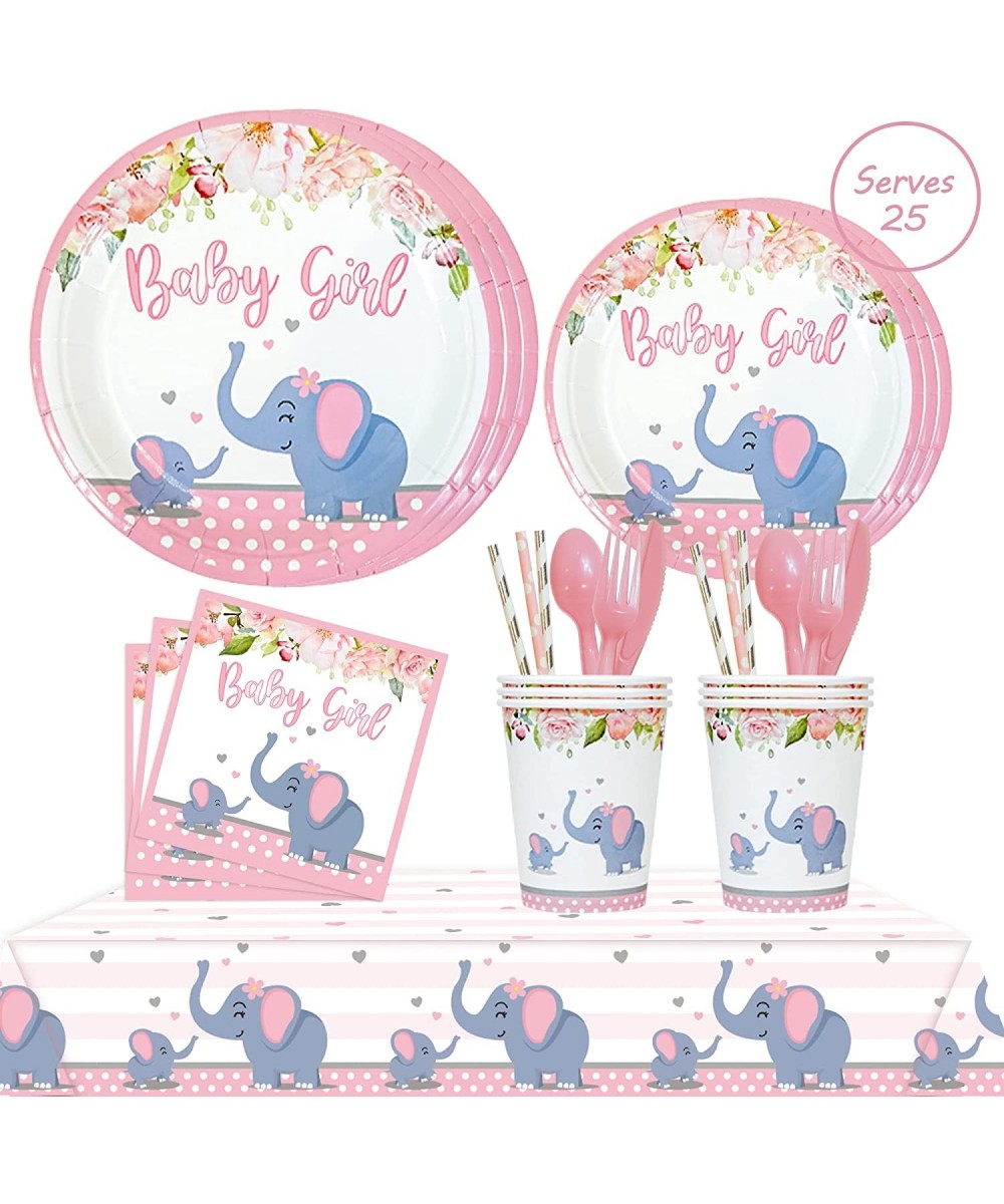 201 Pc Pink Elephant Baby Shower Decorations For Girl Floral Birthday Party Supplies -Tablecloth Paper Plates Napkins Straws ...