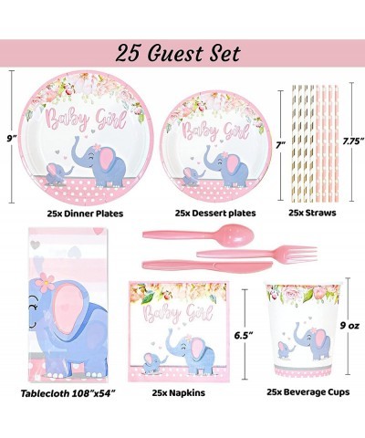 201 Pc Pink Elephant Baby Shower Decorations For Girl Floral Birthday Party Supplies -Tablecloth Paper Plates Napkins Straws ...