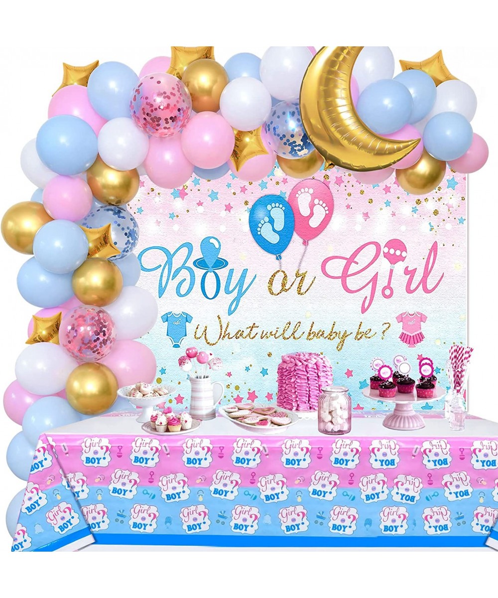 Pink and Blue Gender Reveal Balloon Garland Arch Kit with Gender Reveal Backdrop Tablecloth Gold Moon Star Foil Balloon for B...