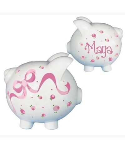 Girl's Hand Painted Piggy Bank Personalized Pink Bow Design Room Decor $95.04 Kids' Money Banks