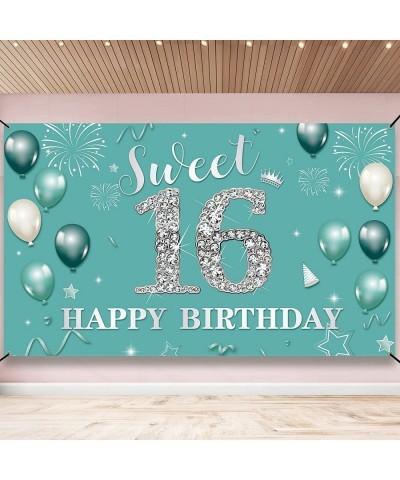 Sweet 16 Birthday Decorations Backdrop Banner Happy 16th Birthday Decorations for Girls Boys Teal Silver Sweet Sixteen Party ...