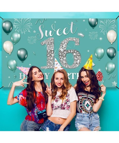 Sweet 16 Birthday Decorations Backdrop Banner Happy 16th Birthday Decorations for Girls Boys Teal Silver Sweet Sixteen Party ...