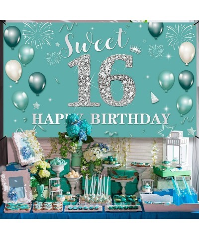 Sweet 16 Birthday Decorations Backdrop Banner Happy 16th Birthday Decorations for Girls Boys Teal Silver Sweet Sixteen Party ...