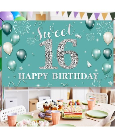 Sweet 16 Birthday Decorations Backdrop Banner Happy 16th Birthday Decorations for Girls Boys Teal Silver Sweet Sixteen Party ...