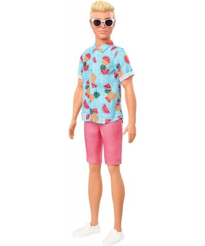 Ken Fashionistas Doll 152 with Sculpted Blonde Hair Wearing Blue Tropical-Print Shirt Coral Shorts White Shoes & White Sungla...