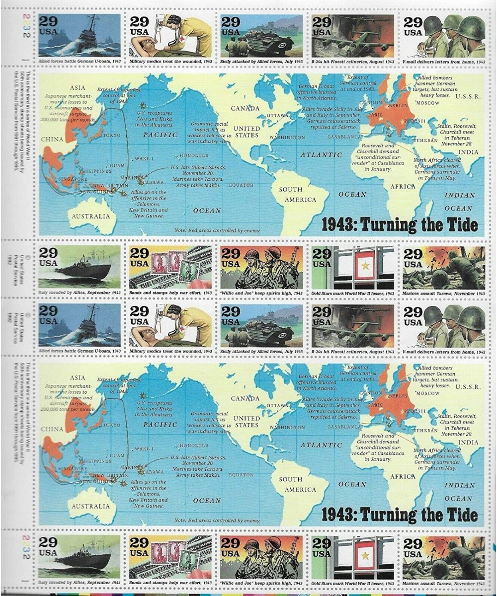 1993 WW II 1943 Turning The Tide - 20 Stamp Sheet - Scott 2765 $21.20 Collectibles Display & Storage