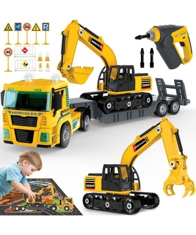 188 PCs Take Apart Excavator and Flatbed Tractor Truck Construction Toys - DIY Building Vehicle Playset Toy w/ Drill Lights &...