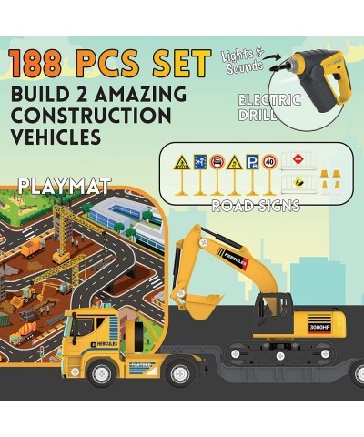 188 PCs Take Apart Excavator and Flatbed Tractor Truck Construction Toys - DIY Building Vehicle Playset Toy w/ Drill Lights &...