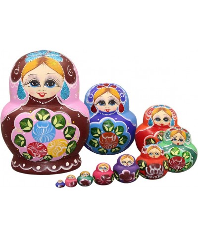 10pcs Beautiful Handmade Wooden Russia Nesting Dolls Gift Russian Nesting Wishing Dolls White Beautiful Flower Matryoshka Tra...