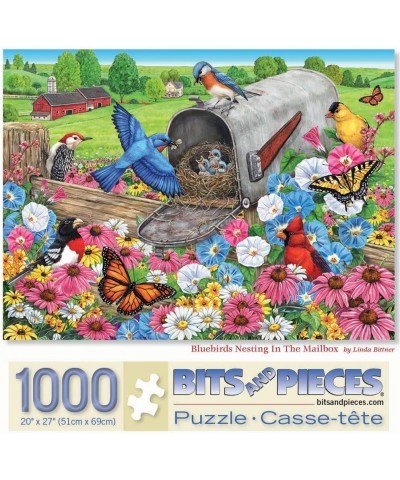 - 1000 Piece Jigsaw Puzzle for Adults 24" x 30" - Bluebirds Nesting in The Mailbox - 1000 pc Blooming Flowers Butterfly Birds...