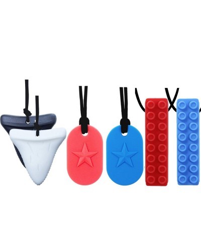 Chew Necklace - 6-Pack （ Dog Tag Shark and Building |Block）- Perfect for Autistic ADHD SPD Oral Motor Children Kids Boys and ...