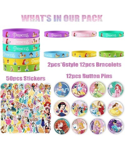 74pcs Princess Party Favors Princess Party Supplies Set Include 12 Bracelets 12 Button Pins 50 Stickers Princess Party Gifts ...