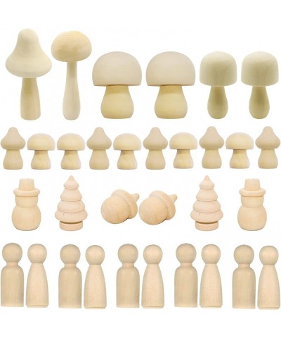 32 PCS Wooden Mushroom Wooden Peg Dolls Peg People Set Wooden Peg Figures Natural Unpainted Wood Figures Decorative for Arts ...