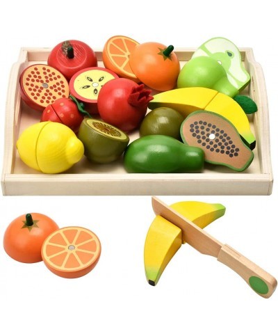 Wooden Toys for 2 Year Old - Pretend Play Food Set for Kids Play Kitchen 9 Cuttable Toy Fruit and Veg with Wooden Knif and Tr...