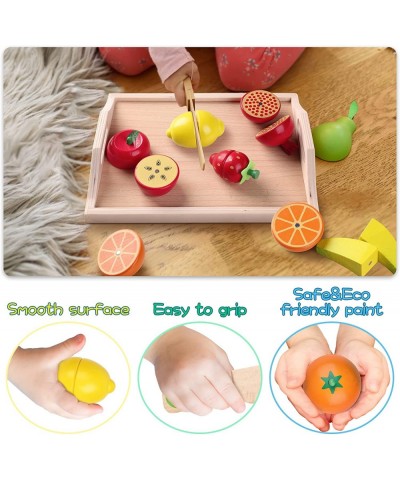 Wooden Toys for 2 Year Old - Pretend Play Food Set for Kids Play Kitchen 9 Cuttable Toy Fruit and Veg with Wooden Knif and Tr...