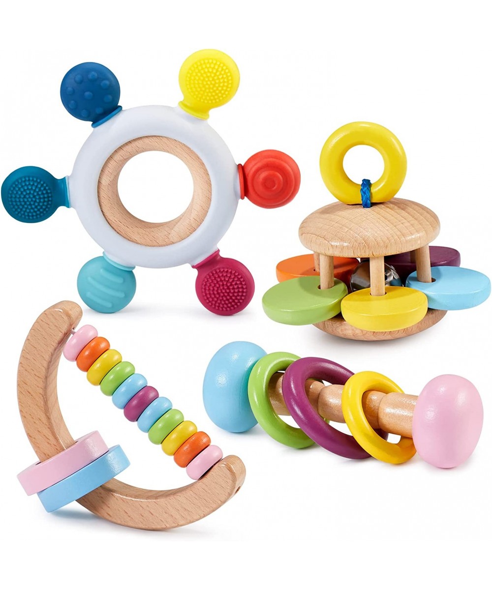 4 Pcs Montessori Toys for Babies Wooden Baby Toy Montessori Toys for Babies 18+ Months Wooden Rattle Baby Teething Toys Silic...