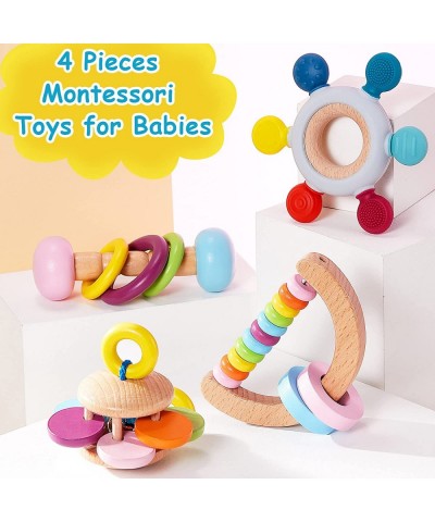 4 Pcs Montessori Toys for Babies Wooden Baby Toy Montessori Toys for Babies 18+ Months Wooden Rattle Baby Teething Toys Silic...