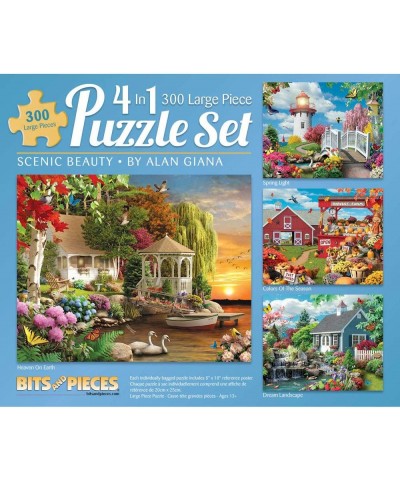 - 300 Piece Jigsaw Puzzle for Adults 16" x 20" - Scenic Beauty 4-in-1 Multi-Pack - 300 pc Nature Cabin Flower Animal Lake Lig...