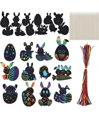 [48+48+12] Easter Scratch Crafts Art Kit Colorful Rainbow Scratch Paper Card Easter Egg Bunny Chick Shape with Ribbons Wooden...