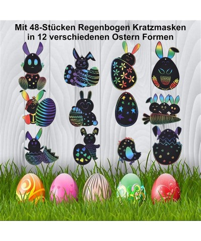 [48+48+12] Easter Scratch Crafts Art Kit Colorful Rainbow Scratch Paper Card Easter Egg Bunny Chick Shape with Ribbons Wooden...