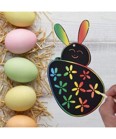 [48+48+12] Easter Scratch Crafts Art Kit Colorful Rainbow Scratch Paper Card Easter Egg Bunny Chick Shape with Ribbons Wooden...