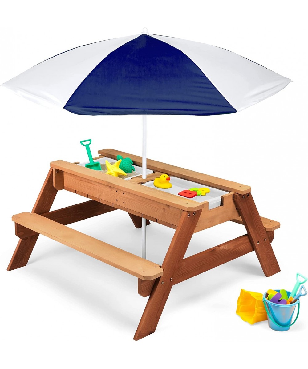 Kids 3-in-1 Sand & Water Activity Table Wood Outdoor Convertible Picnic Table w/ Umbrella 2 Play Boxes Removable Top - Navy $...