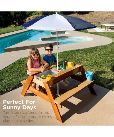 Kids 3-in-1 Sand & Water Activity Table Wood Outdoor Convertible Picnic Table w/ Umbrella 2 Play Boxes Removable Top - Navy $...