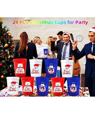 24 PCS Christmas Party Cups Plastic Christmas Cups for Kids Reusable Cups Santa Claus Snowman Design Red Blue White 16 Ounce ...