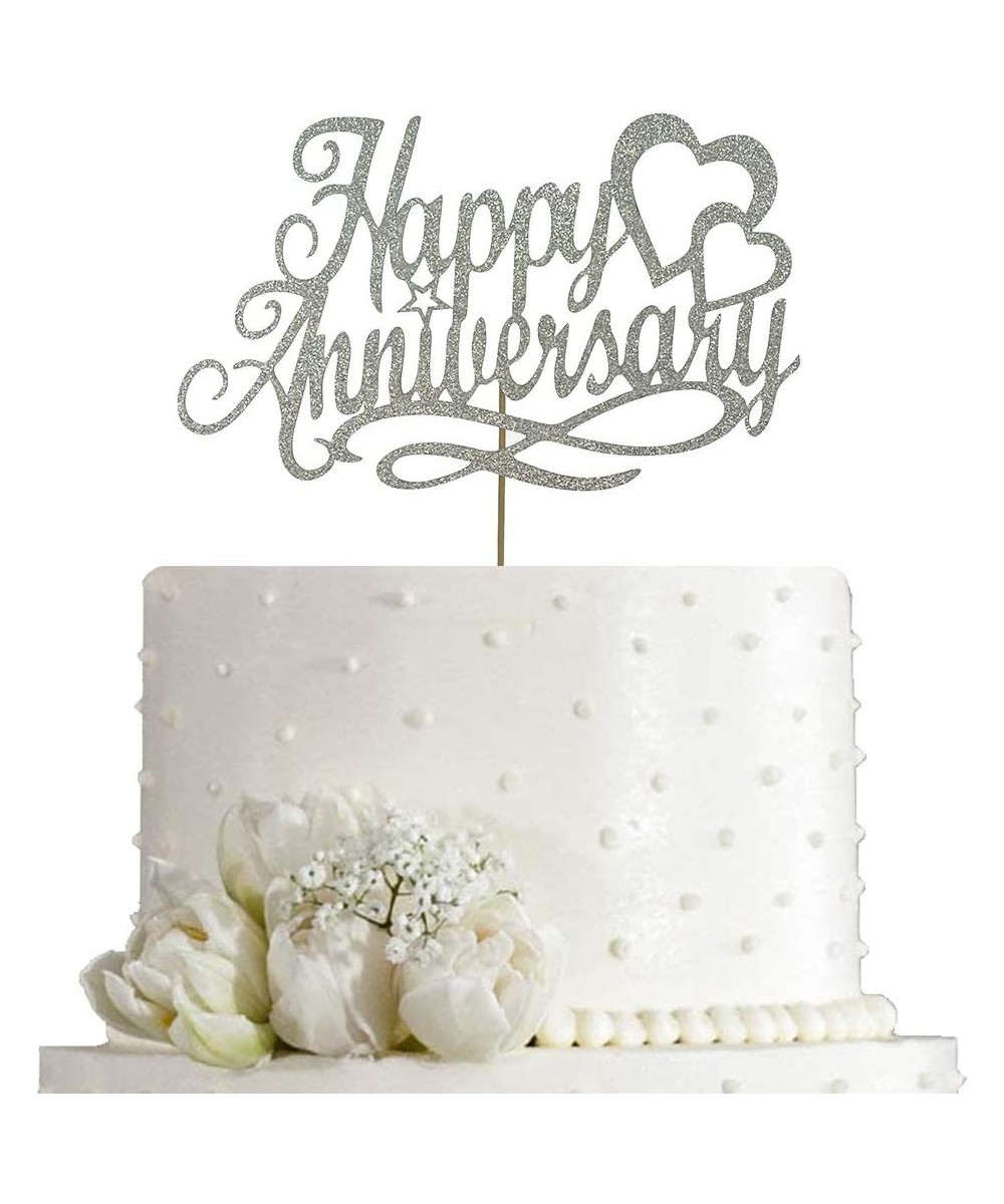 Happy Anniversary Cake Topper Wedding Anniversary Company Anniversary Birthday Party Decoration Double Sided Silver Glitter $...