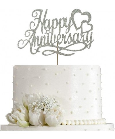 Happy Anniversary Cake Topper Wedding Anniversary Company Anniversary Birthday Party Decoration Double Sided Silver Glitter $...