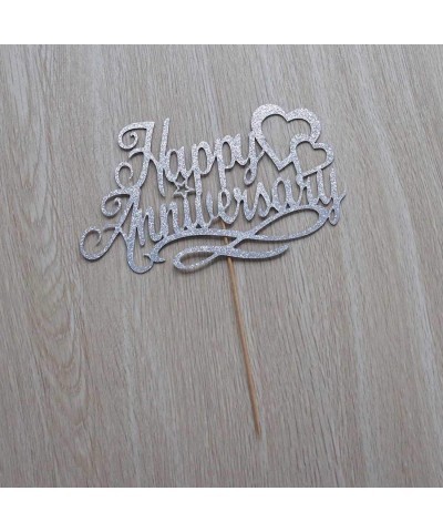 Happy Anniversary Cake Topper Wedding Anniversary Company Anniversary Birthday Party Decoration Double Sided Silver Glitter $...